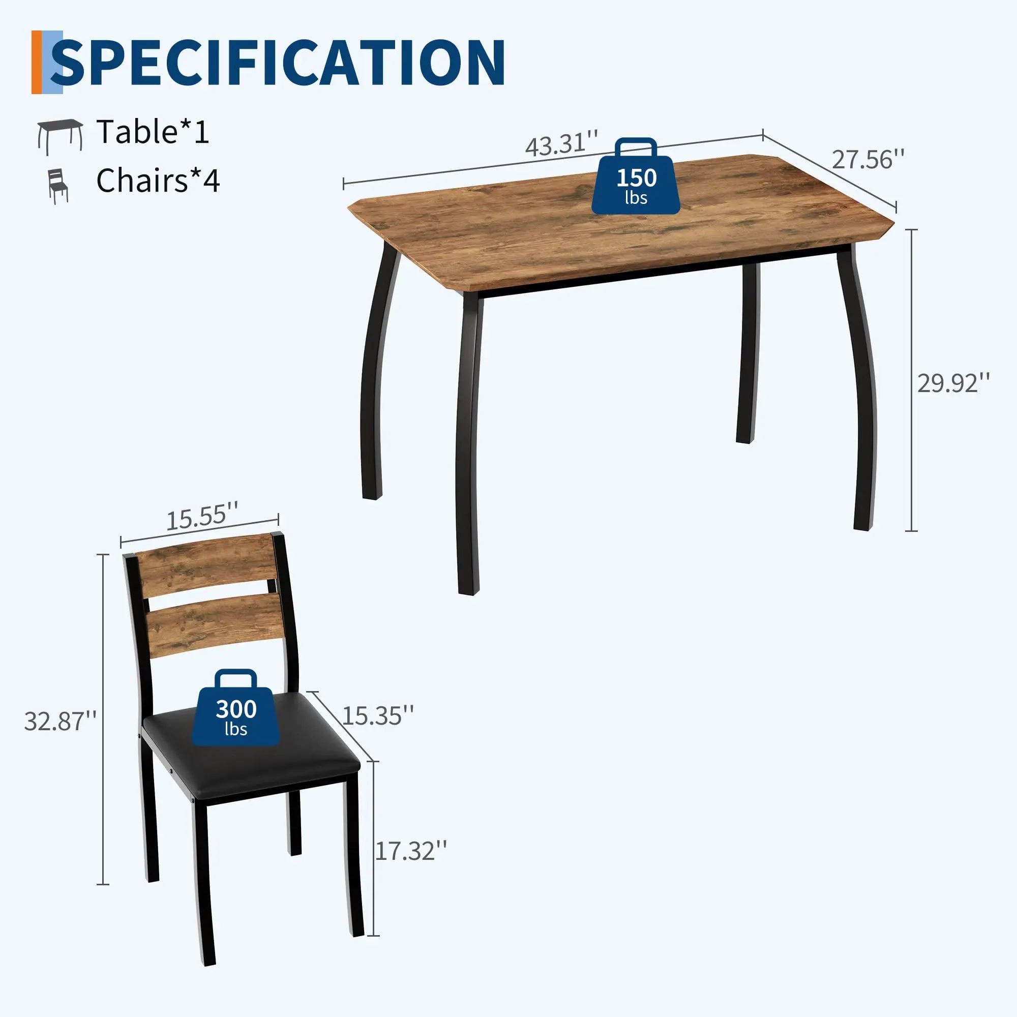 Garvee 5 Piece Farmhouse Dining Table Set for 4, Industrial Kitchen Table with Padded Chairs & Iron Frame, Space-Saving Dining Room Furniture Set for Small Spaces, Apartments, Brown