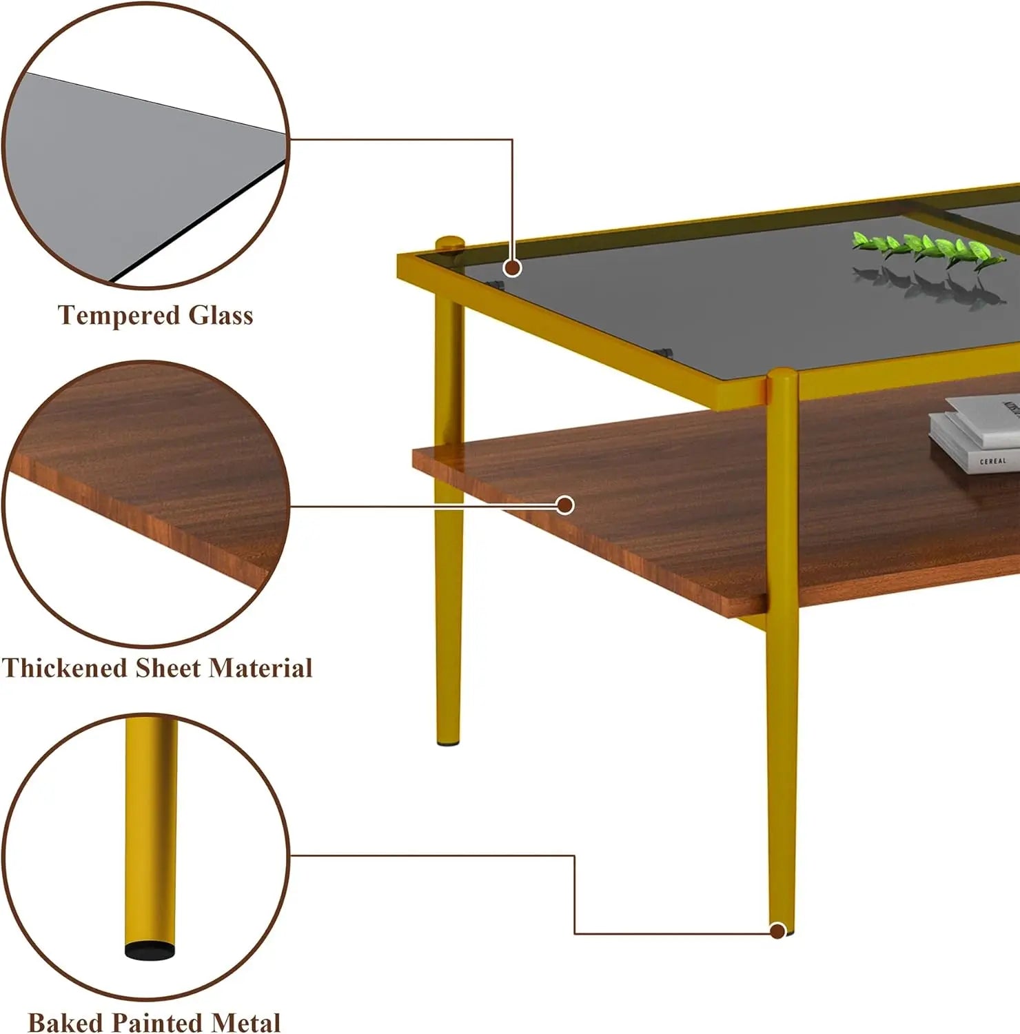Modern Glass Coffee Table 38.39"L ×24.21"W ×17.72"H, Rectangular Tea Table with Metal Frame & Open Storage Shelf, Home Furniture for Living Room Apartment