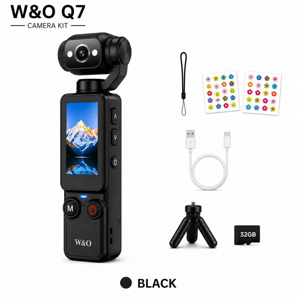 W&O Q7 Portable Vlogging Camera with 180° Rotating Lens, Autofocus, 1.9" Screen, 32GB Memory Card and Mini Tripod, USB Rechargeable Handheld Camera for Travel, Selfies and Daily Recording,Back to School,Back to School Haul
