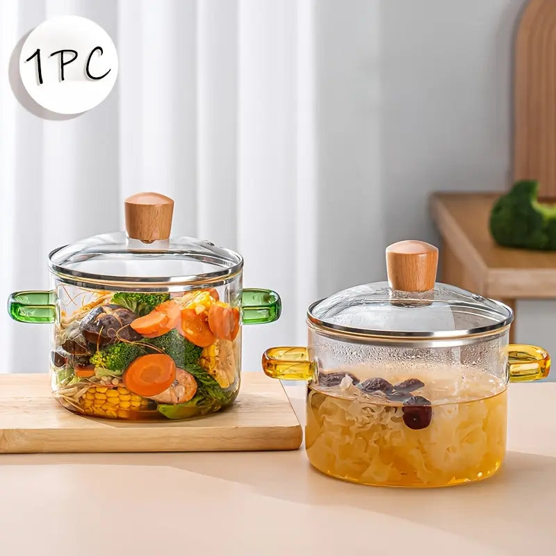 1600Ml/54Oz Borosilicate Glass Cookware with Yellow Handle - Transparent, Heatproof, Thermal, Oven-Safe, Easy-Clean, Odorless Home Supply for Stoves, Soup Cooking, Families