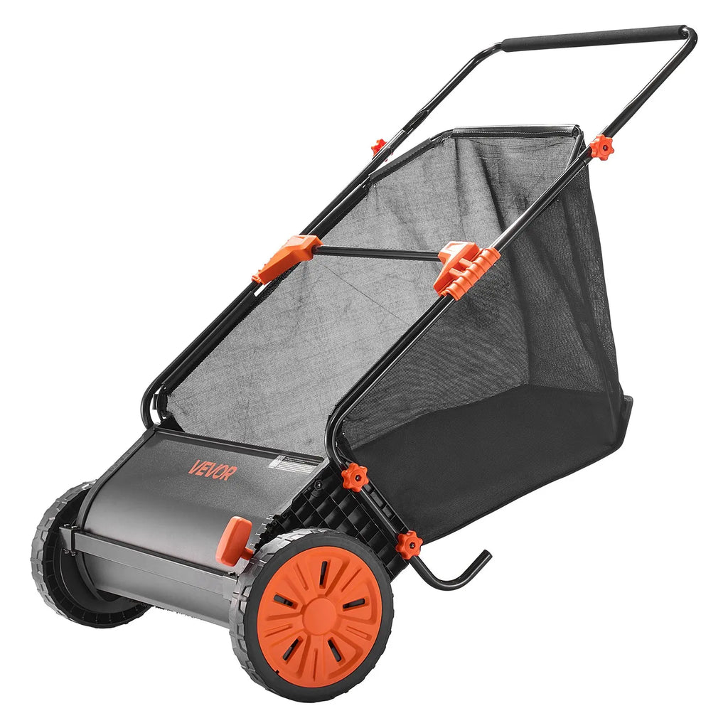 VEVOR Manual Push Lawn Sweeper with Spinning Brushes, 26-In Leaves Grass Cleanup Tool, 7 Cu Ft Hopper Capacity, Adjustable Height, 1:5 Brush Wheel Ratio, Heavy-Duty Iron Frame, 10-In Rubber Wheels, 31.5X50X16.9 In, 27.6 Lbs
