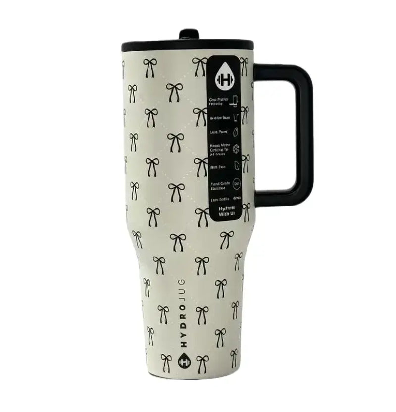 Hydrojug 40 Oz Elegant Mini Black Bow Print with Handle and Straw Tumbler Water Bottle Large Capacity Car Cup, 100% Leakproof Insulated Tumbler | Keeps Ice 24+ Hours | Easy-Clean Durable Travel Mug Cup Holder Friendly Base | Insulated Thermal Tumbler,