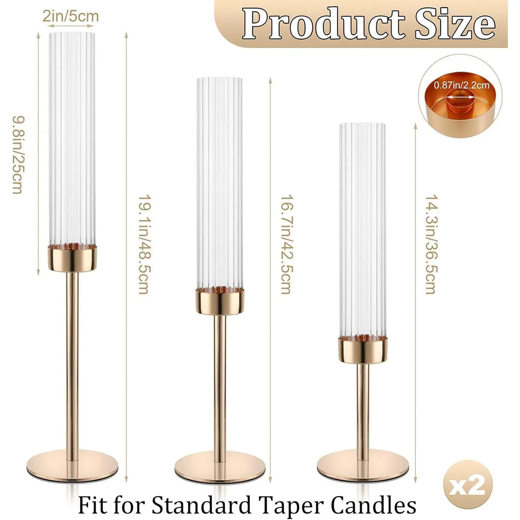 Hurricane Candle Holders, Set of 6 Glass Taper Candlestick Holders Metal Candle Stands Bulk with Ribbed Glass Cover for Dining Tables Wedding Candelabra Centerpieces Decor