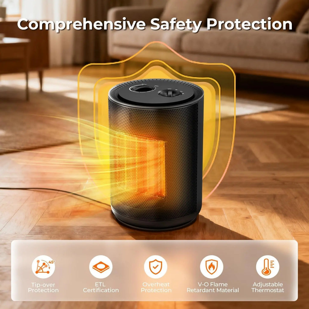 Portable Table Heater for Indoor Use, 1500W Space Heater with Adjustable Thermostat, 2 Heat Settings, Fan Mode, Tip-Over & Overheat Protection