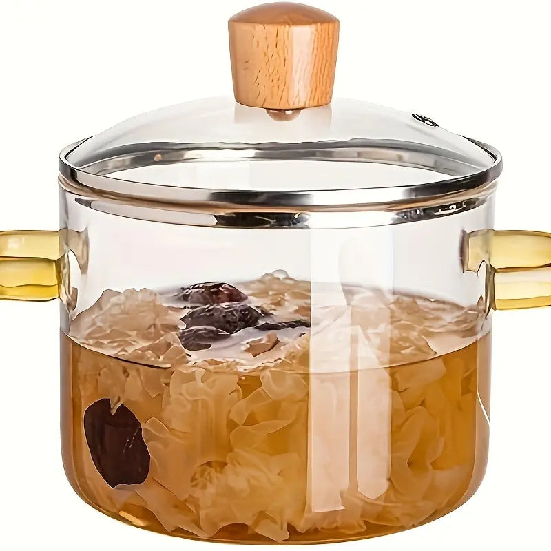1600Ml/54Oz Borosilicate Glass Cookware with Yellow Handle - Transparent, Heatproof, Thermal, Oven-Safe, Easy-Clean, Odorless Home Supply for Stoves, Soup Cooking, Families