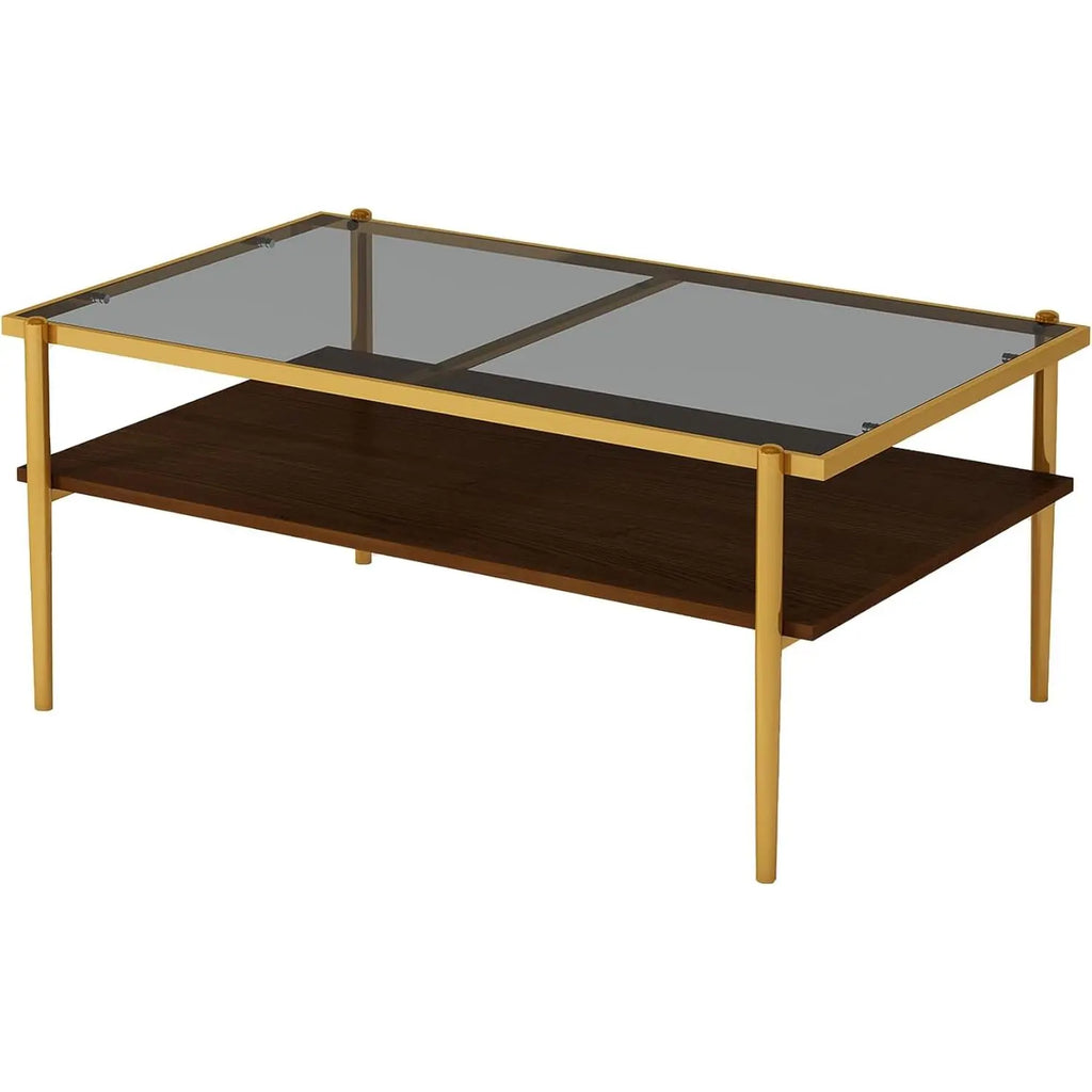 Modern Glass Coffee Table 38.39"L ×24.21"W ×17.72"H, Rectangular Tea Table with Metal Frame & Open Storage Shelf, Home Furniture for Living Room Apartment