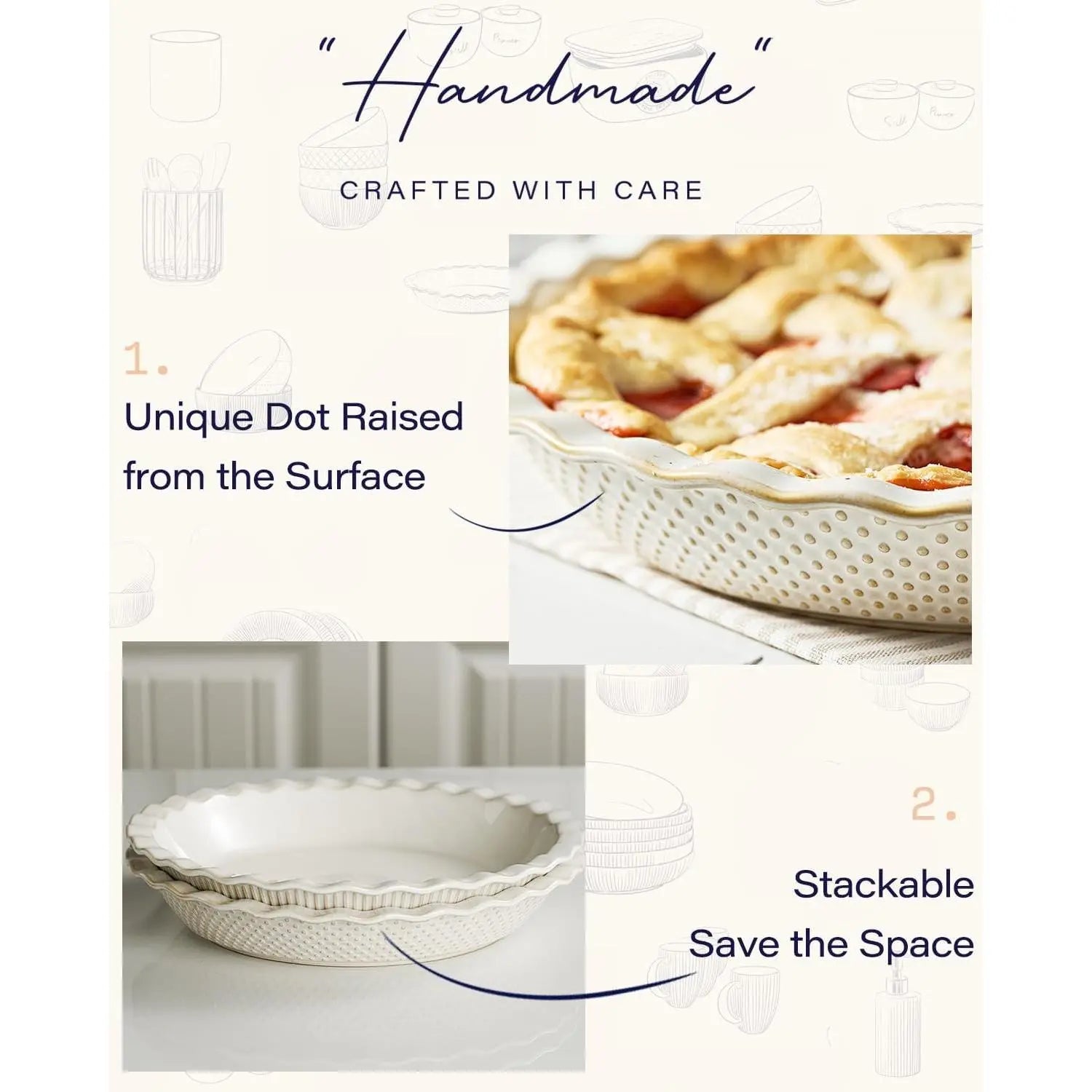 Ceramic Pie Pan Set of 2, 9 Inch Pie Dish for Baking, Non-Stick, Oven & Dishwasher Safe, Farmhouse Decor Quiche Baking Dish, Pie Plate, Deep Dish Pie Pan (Embossed Stripes+Dots)