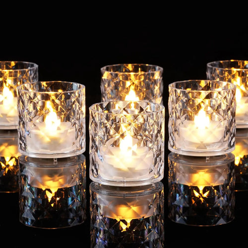12PCS 2X2 in Acrylic Votive Candle Holders with Auto Timer Flameless LED Tealights, Battery-Powered, for Wedding Centerpieces, Christmas Decor, Mother’S Day Gifts