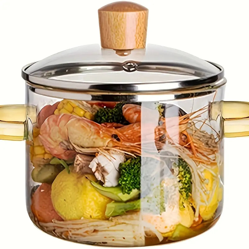 1600Ml/54Oz Borosilicate Glass Cookware with Yellow Handle - Transparent, Heatproof, Thermal, Oven-Safe, Easy-Clean, Odorless Home Supply for Stoves, Soup Cooking, Families