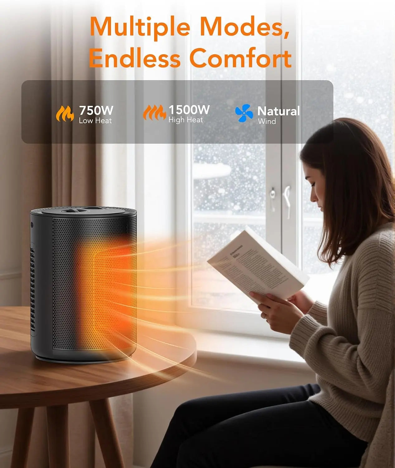 Portable Table Heater for Indoor Use, 1500W Space Heater with Adjustable Thermostat, 2 Heat Settings, Fan Mode, Tip-Over & Overheat Protection
