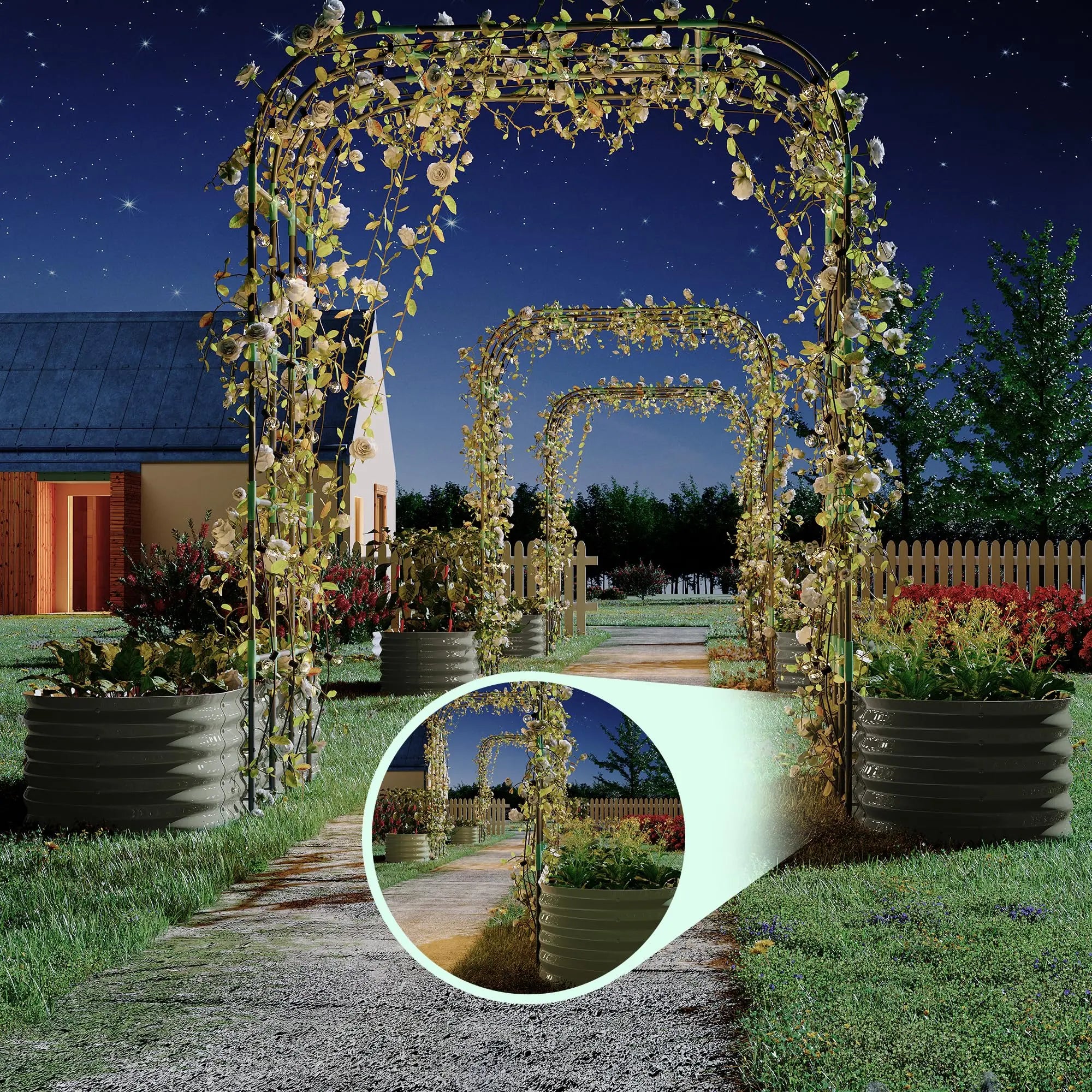 [Huge Clearance! Low Cost for Next‑Year Gains]2Pcs Raised Garden Bed Set 200X60X45Cm Planter Box + 180X90X240Cm Arch Trellis Climbing Frame 0.6Mm Color Steel Metal Vegetable Flower Planters with Butterfly Nut Assembly