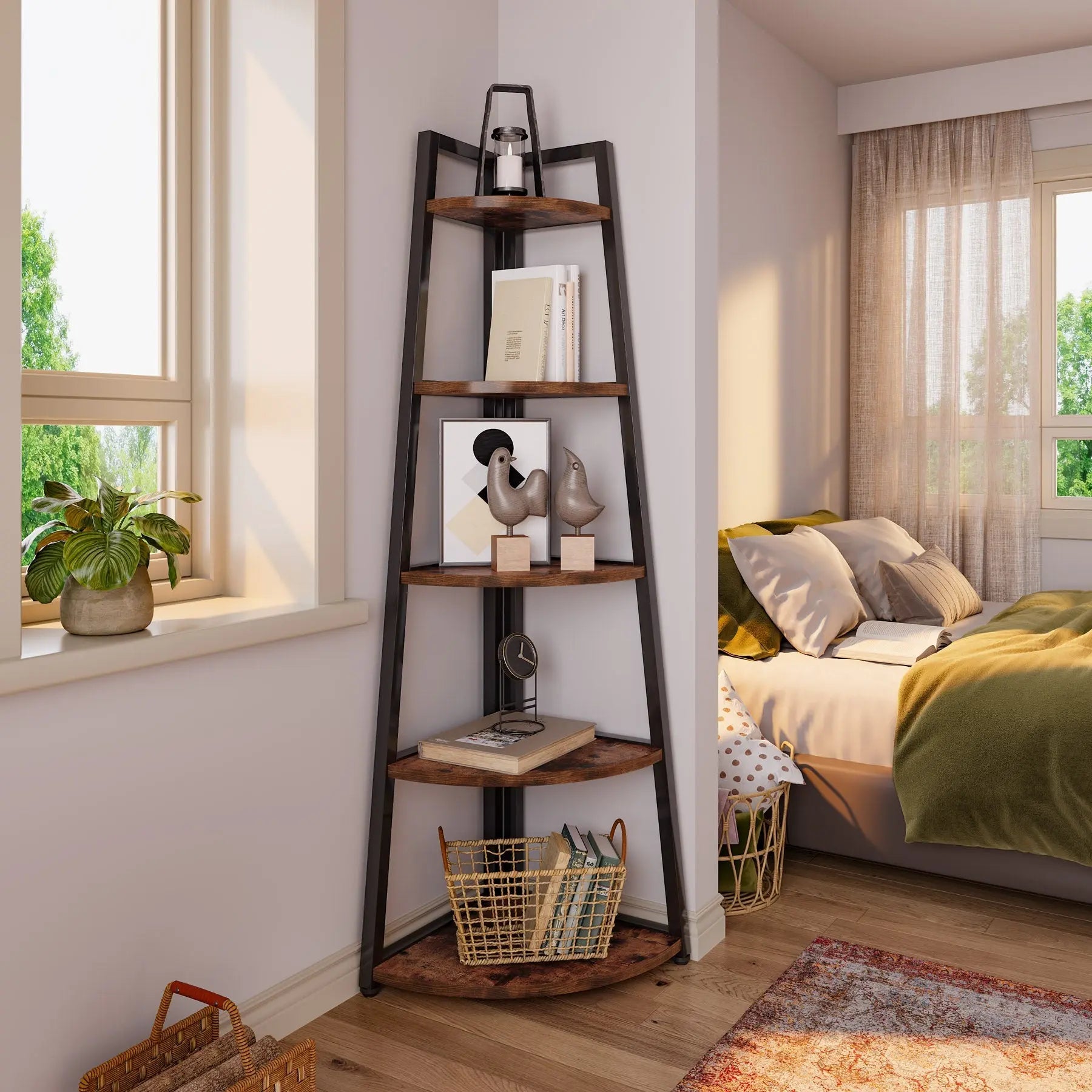 Spaco 70-In Tall 5-Tier Rustic Industrial Corner Bookshelf Rack - Single Unit Space Saving Furniture with Rounded Edges, 25Kg+ Capacity, Multi-Purpose Organizer for Living Room, Home Office, Balcony (Plant Stand, Collectibles Display)