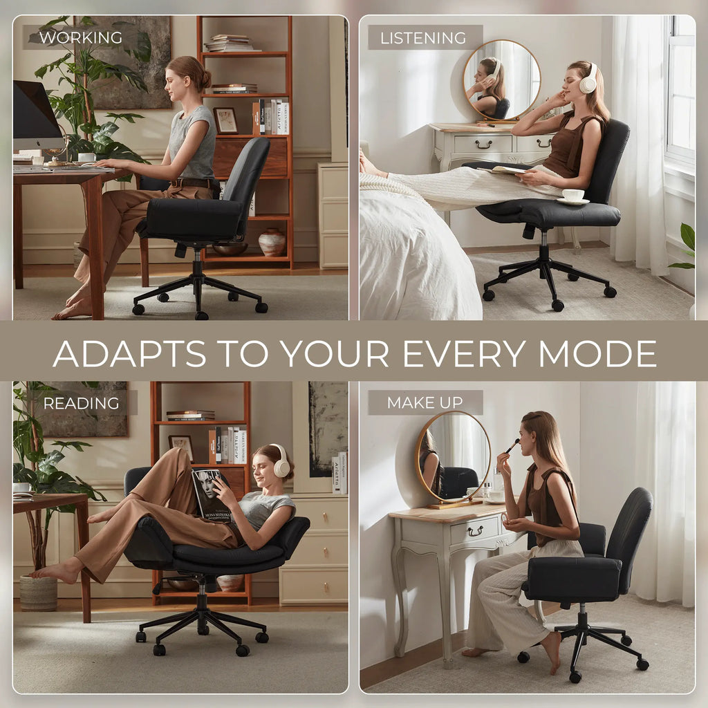 Summervibes Dowinx Criss Cross Chair with Five-Level Adjustable Arms and Wheels - Comfortable Ergonomic PU Leather Swivel Vanity Chair - Computer Makeup Gaming Chair for Home Office, Bedroom, Living Room