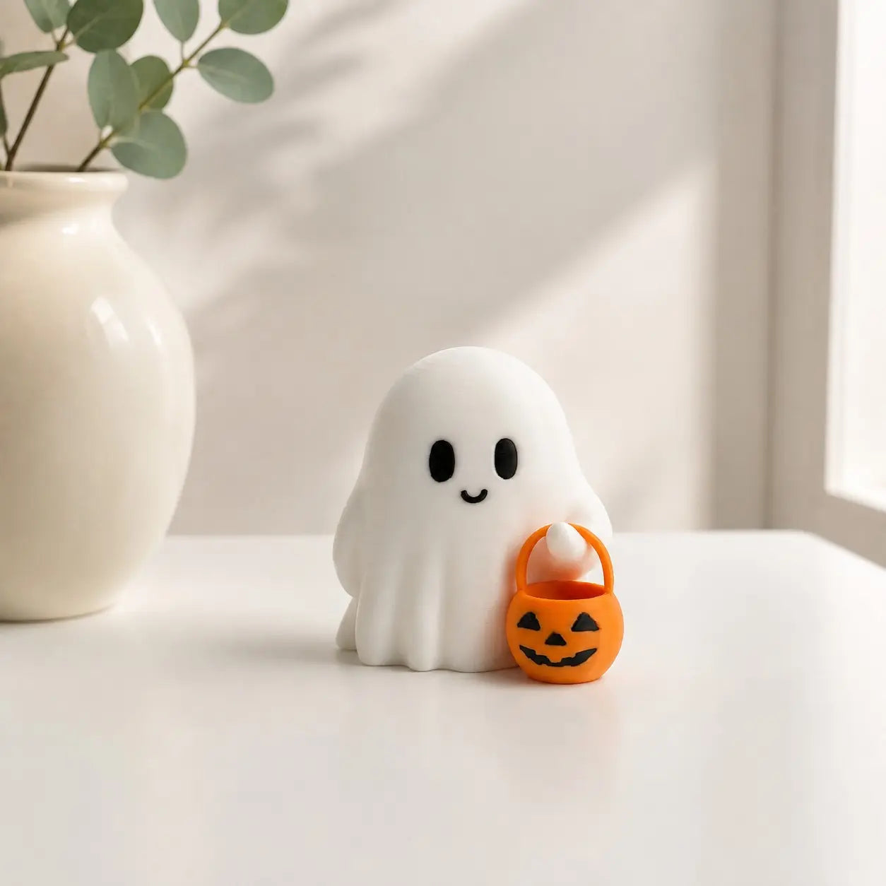 Cute Mini Pumpkin Ghost Desktop Ornament, Ideal Halloween Home Decor, Festive Party Living Room Bedroom Desk Decoration, Smiling Ghost Statue with Pumpkin Bucket