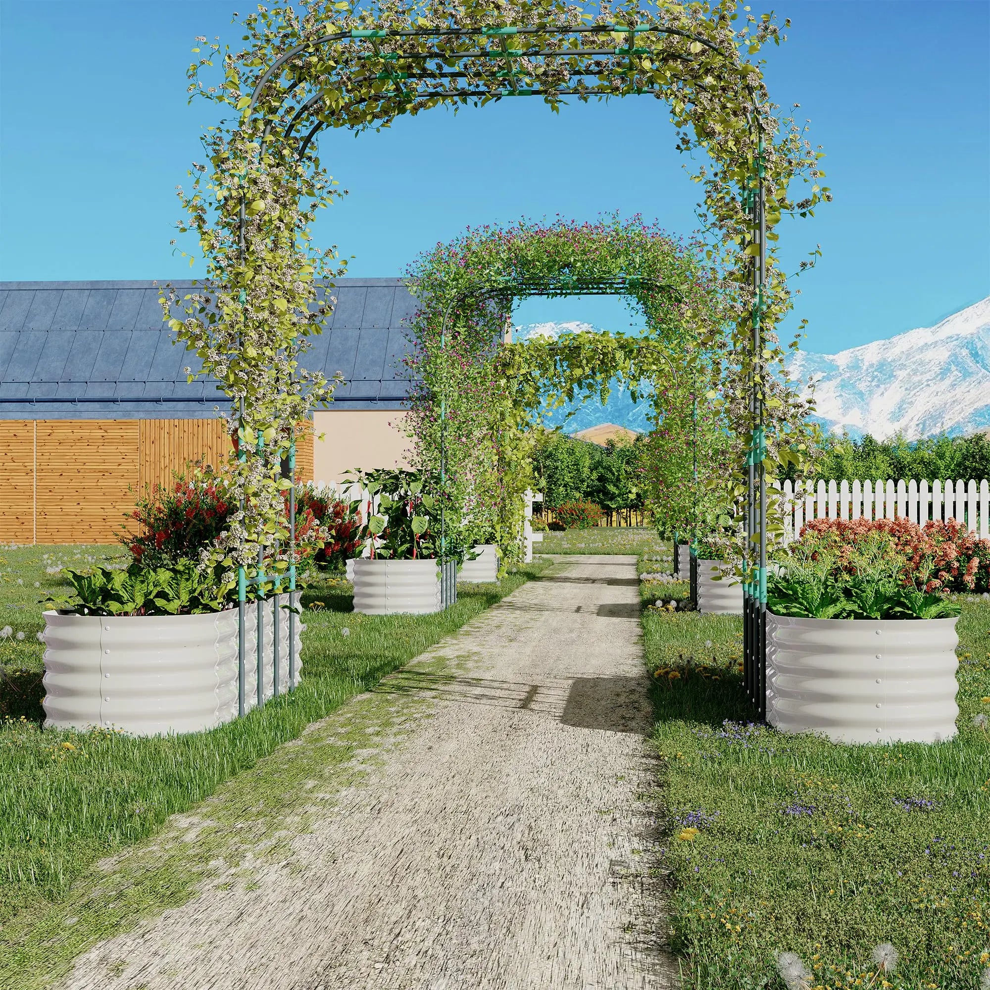 [Huge Clearance! Low Cost for Next‑Year Gains]2Pcs Raised Garden Bed Set 200X60X45Cm Planter Box + 180X90X240Cm Arch Trellis Climbing Frame 0.6Mm Color Steel Metal Vegetable Flower Planters with Butterfly Nut Assembly