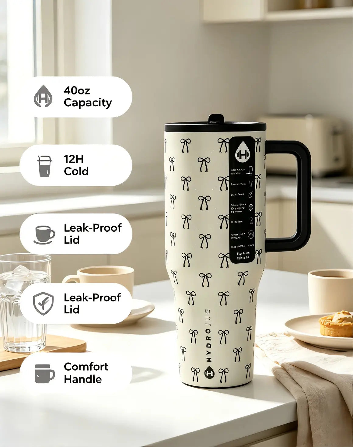 Hydrojug 40 Oz Elegant Mini Black Bow Print with Handle and Straw Tumbler Water Bottle Large Capacity Car Cup, 100% Leakproof Insulated Tumbler | Keeps Ice 24+ Hours | Easy-Clean Durable Travel Mug Cup Holder Friendly Base | Insulated Thermal Tumbler,
