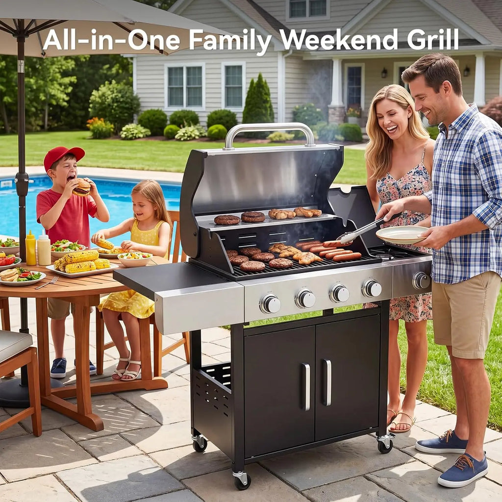 Aoxun 4-Burner 49000 BTU Propane Grill with Side Burner, Black & Silvery | Stainless Steel Gas Grill, Heavy-Duty Cooking Grates & Side Tables for Backyard Patio Camping