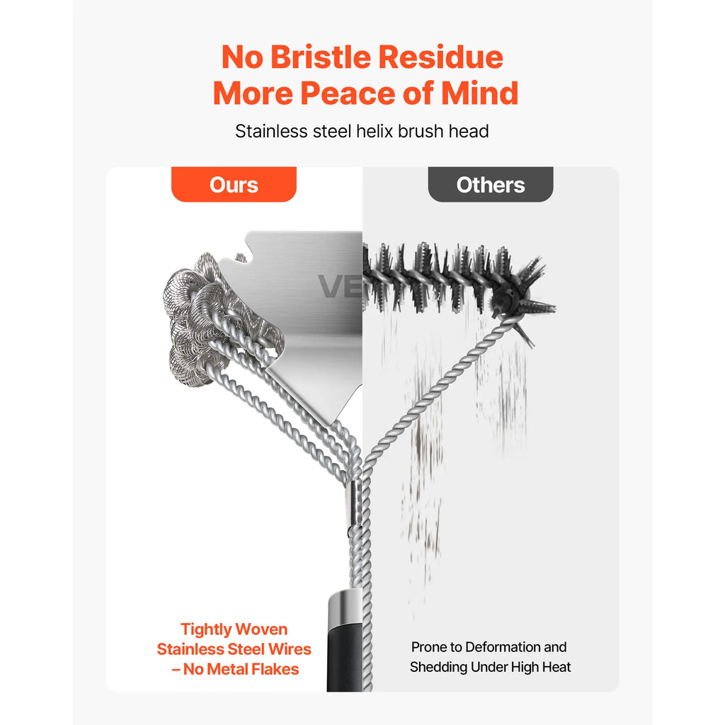VEVOR Grill Brush and Scraper, BBQ Brush for Outdoor Grills, Stainless Steel Woven Wire, Bristle Free Barbecue Brushes for Porcelain, Charcoal, Grate Cleaner Grill Accessories, 17 In