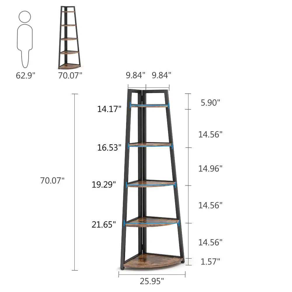 Spaco 70-In Tall 5-Tier Rustic Industrial Corner Bookshelf Rack - Single Unit Space Saving Furniture with Rounded Edges, 25Kg+ Capacity, Multi-Purpose Organizer for Living Room, Home Office, Balcony (Plant Stand, Collectibles Display)