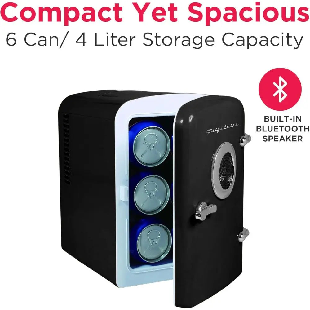 Mini Portable Compact Personal Home Office Fridge Cooler, BUILT in SPEAKER, 4L Capacity, Chills Six 12 Oz Cans, 100% Freon-Free & Eco Friendly