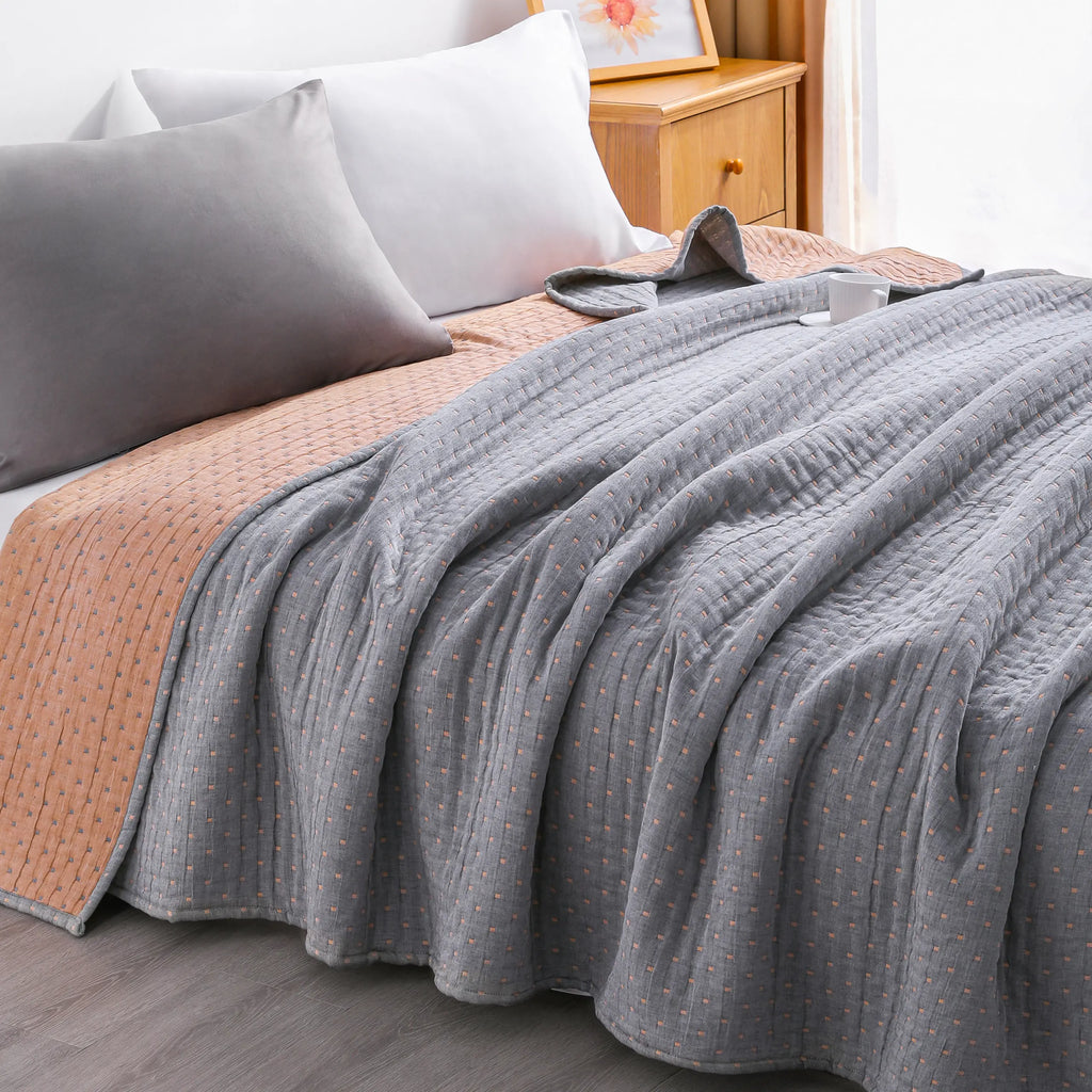 Bedsum 3-Layer Natural Cotton Muslin Jacquard Blanket - Cozy Aesthetic, Ultra Soft, Breathable, Reversible, Lightweight, Multi-Size for Adults, All-Season Warm Comfort, Bedroom Decor Throw