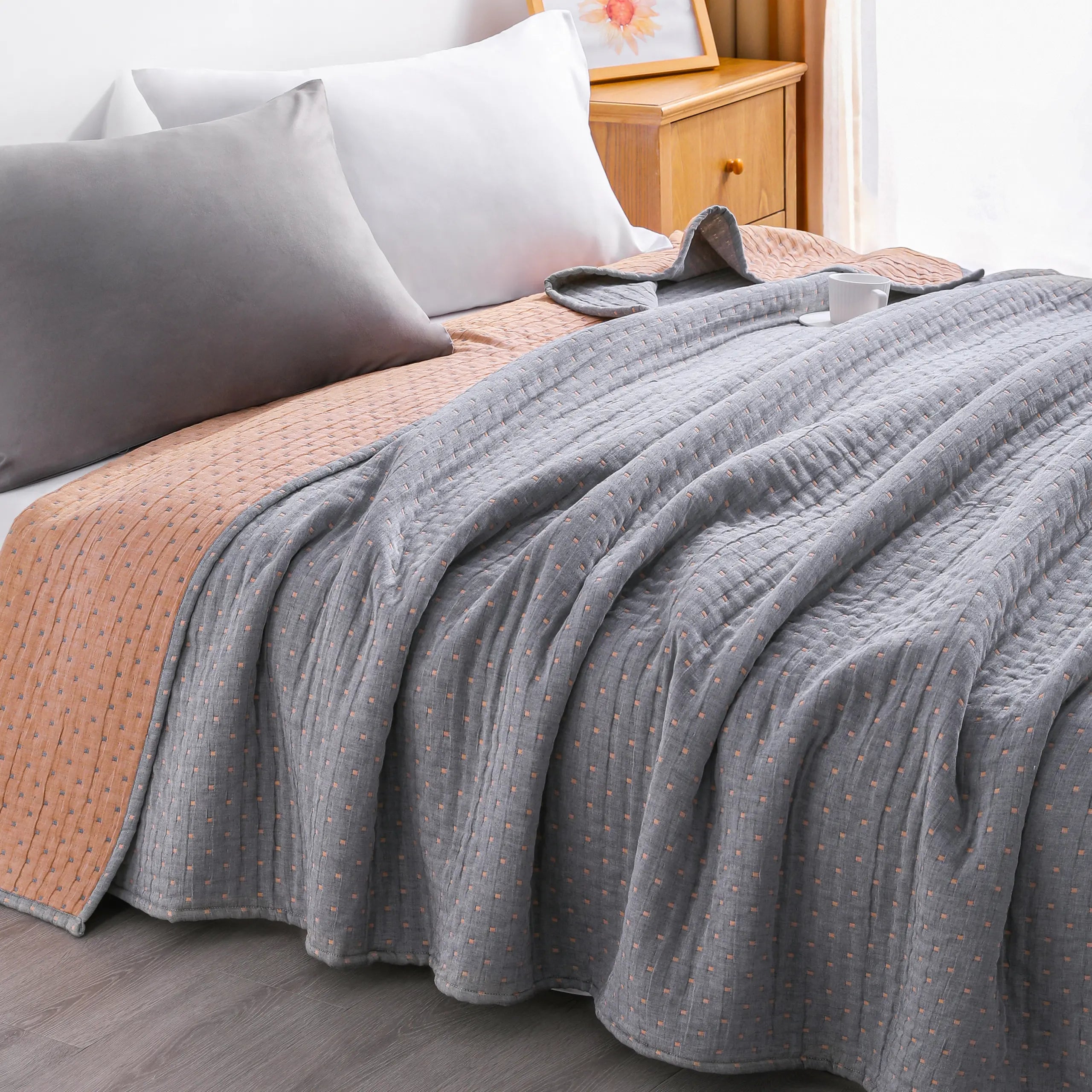 Bedsum 3-Layer Natural Cotton Muslin Jacquard Blanket - Cozy Aesthetic, Ultra Soft, Breathable, Reversible, Lightweight, Multi-Size for Adults, All-Season Warm Comfort, Bedroom Decor Throw