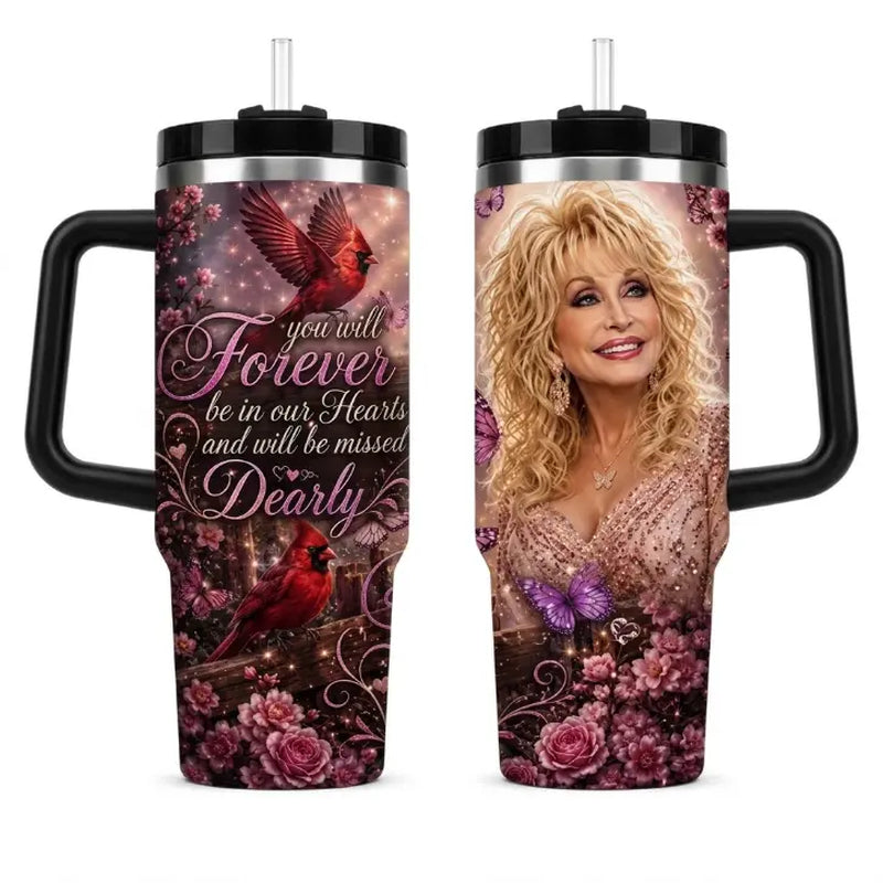 Dolly Parton Rest in Peace Tumbler, Dolly Parton Memorial Tumbler, Country Music Legend Tribute Cup, 40Oz Insulated Tumbler with Handle, Fan Gift