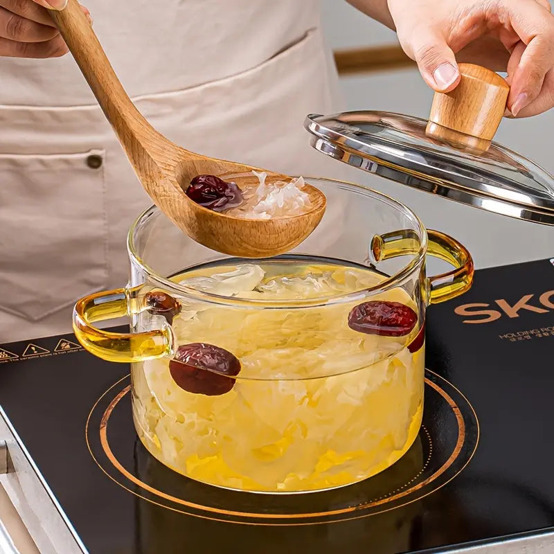 1600Ml/54Oz Borosilicate Glass Cookware with Yellow Handle - Transparent, Heatproof, Thermal, Oven-Safe, Easy-Clean, Odorless Home Supply for Stoves, Soup Cooking, Families