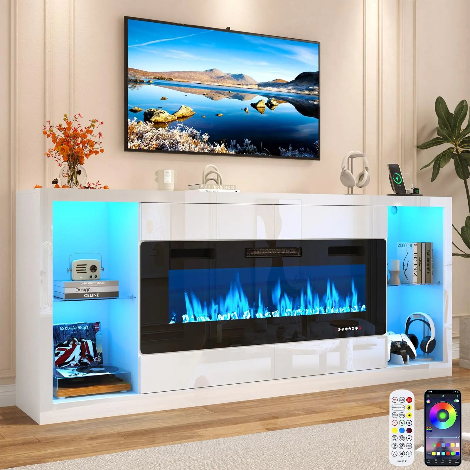 82.7'' Fireplace TV Stand for 90/95''TV with 50'' Fireplace, LED Modern High Gloss Entertainment Center with Power Outlet, 4 Drawers, Adjustable Shelf, 2-Tier TV Console Cabinet, Black/White