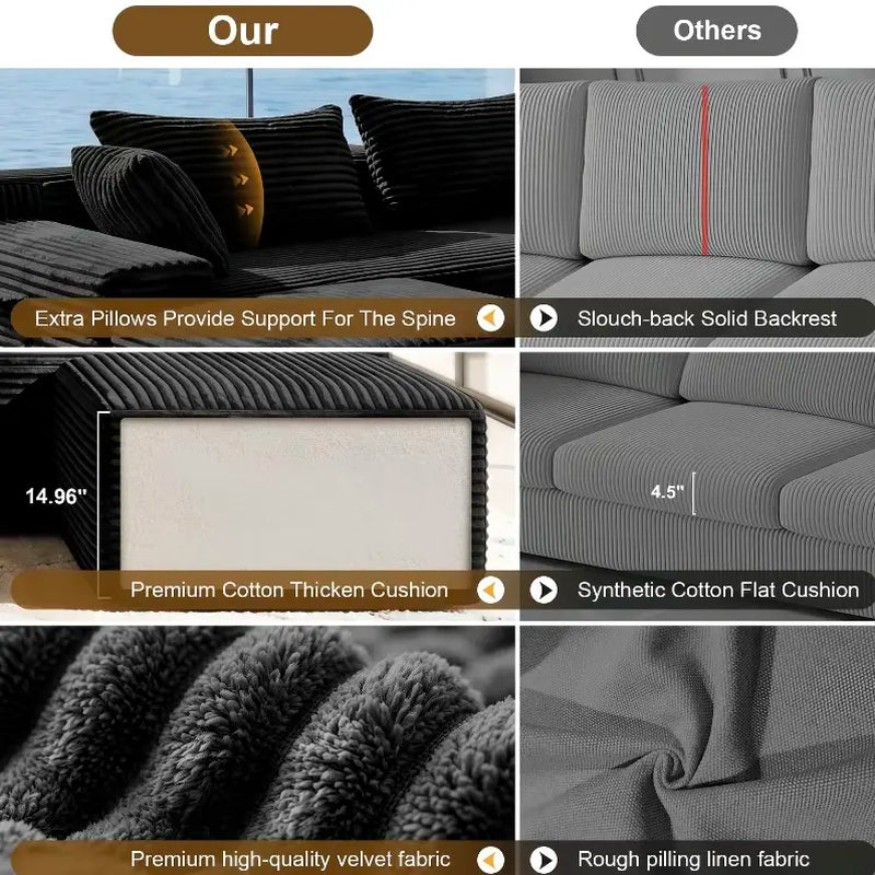 Luxury Black Corduroy Modular Sectional Sofa, U-Shaped Cloud Couch with Deep Seat, Modern Large Living Room Sofa Set, Oversized Comfy Lounge Couch with Removable Cushions, Contemporary Velvet Fabric Furniture for Apartment, Villa and Home Decor