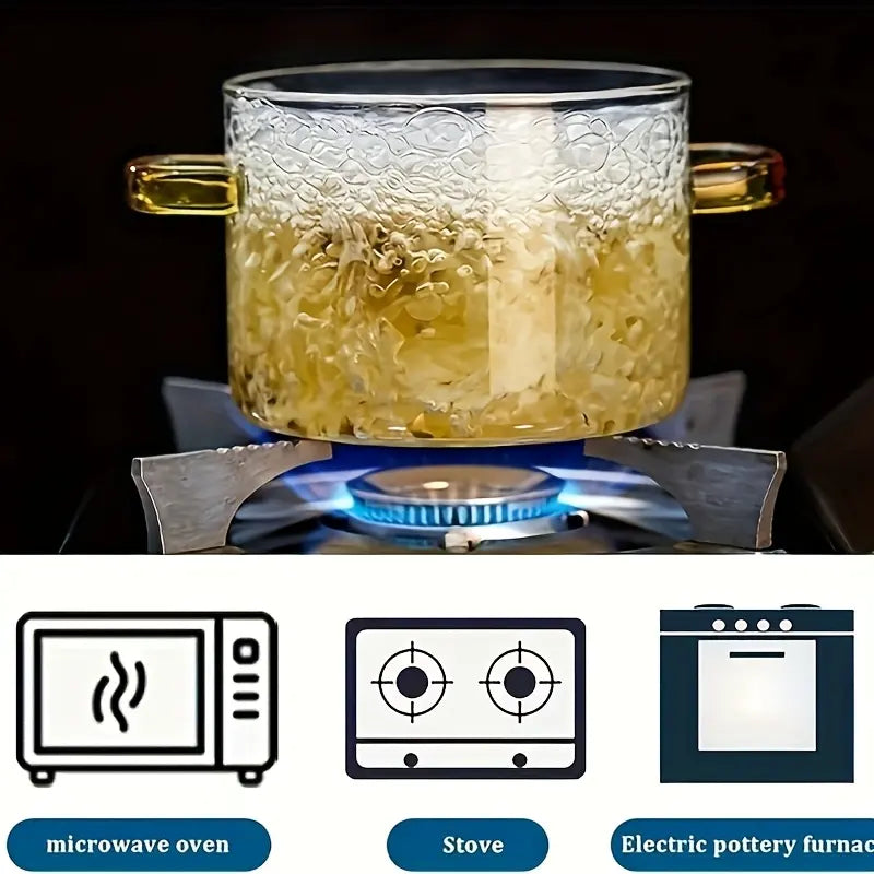1600Ml/54Oz Borosilicate Glass Cookware with Yellow Handle - Transparent, Heatproof, Thermal, Oven-Safe, Easy-Clean, Odorless Home Supply for Stoves, Soup Cooking, Families
