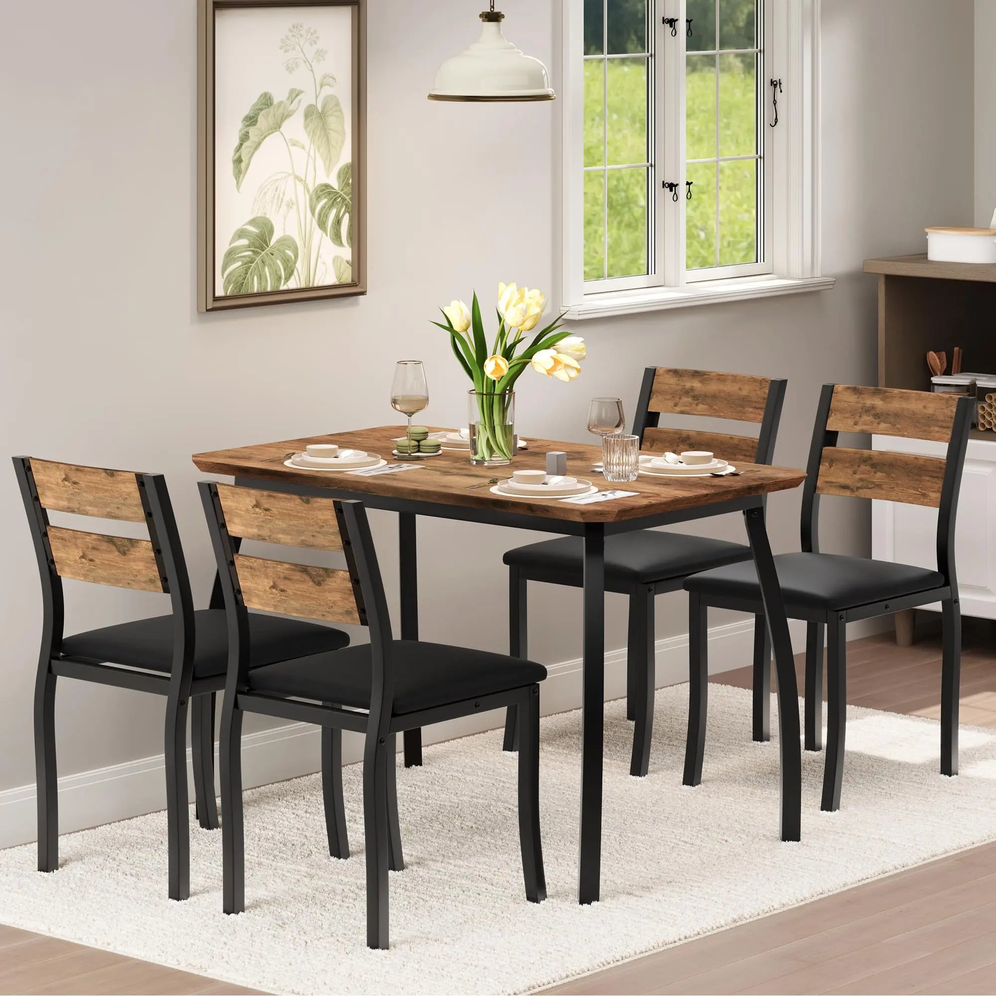 Garvee 5 Piece Farmhouse Dining Table Set for 4, Industrial Kitchen Table with Padded Chairs & Iron Frame, Space-Saving Dining Room Furniture Set for Small Spaces, Apartments, Brown
