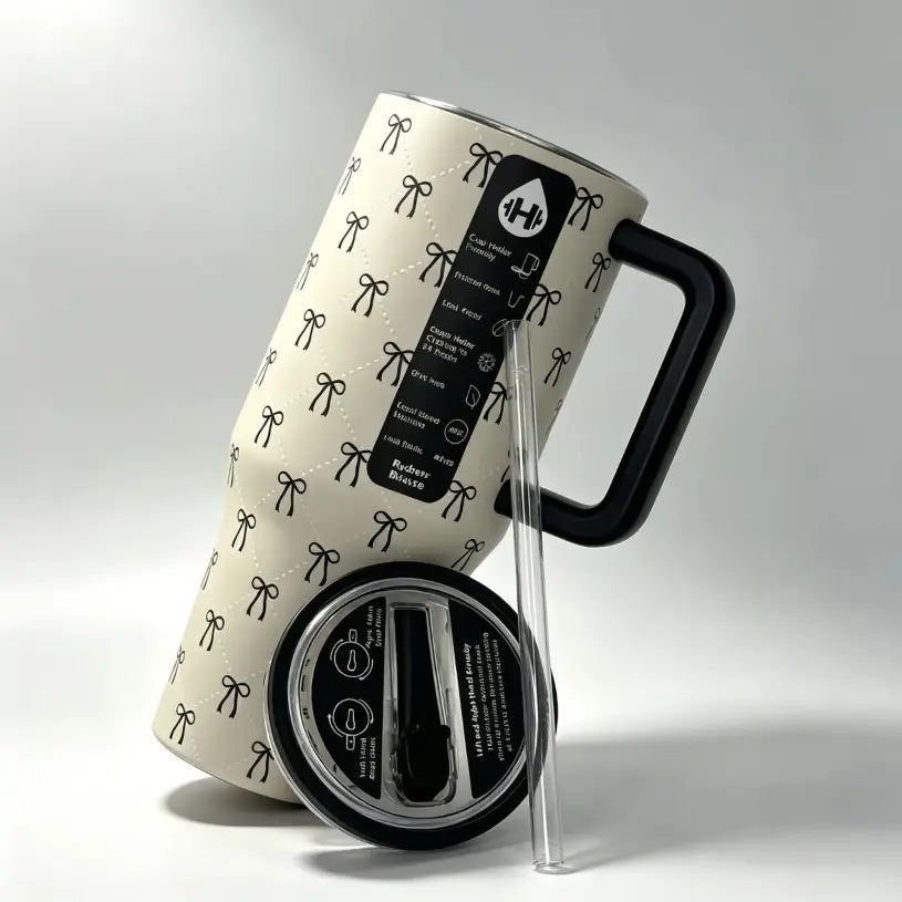 Hydrojug 40 Oz Elegant Mini Black Bow Print with Handle and Straw Tumbler Water Bottle Large Capacity Car Cup, 100% Leakproof Insulated Tumbler | Keeps Ice 24+ Hours | Easy-Clean Durable Travel Mug Cup Holder Friendly Base | Insulated Thermal Tumbler,
