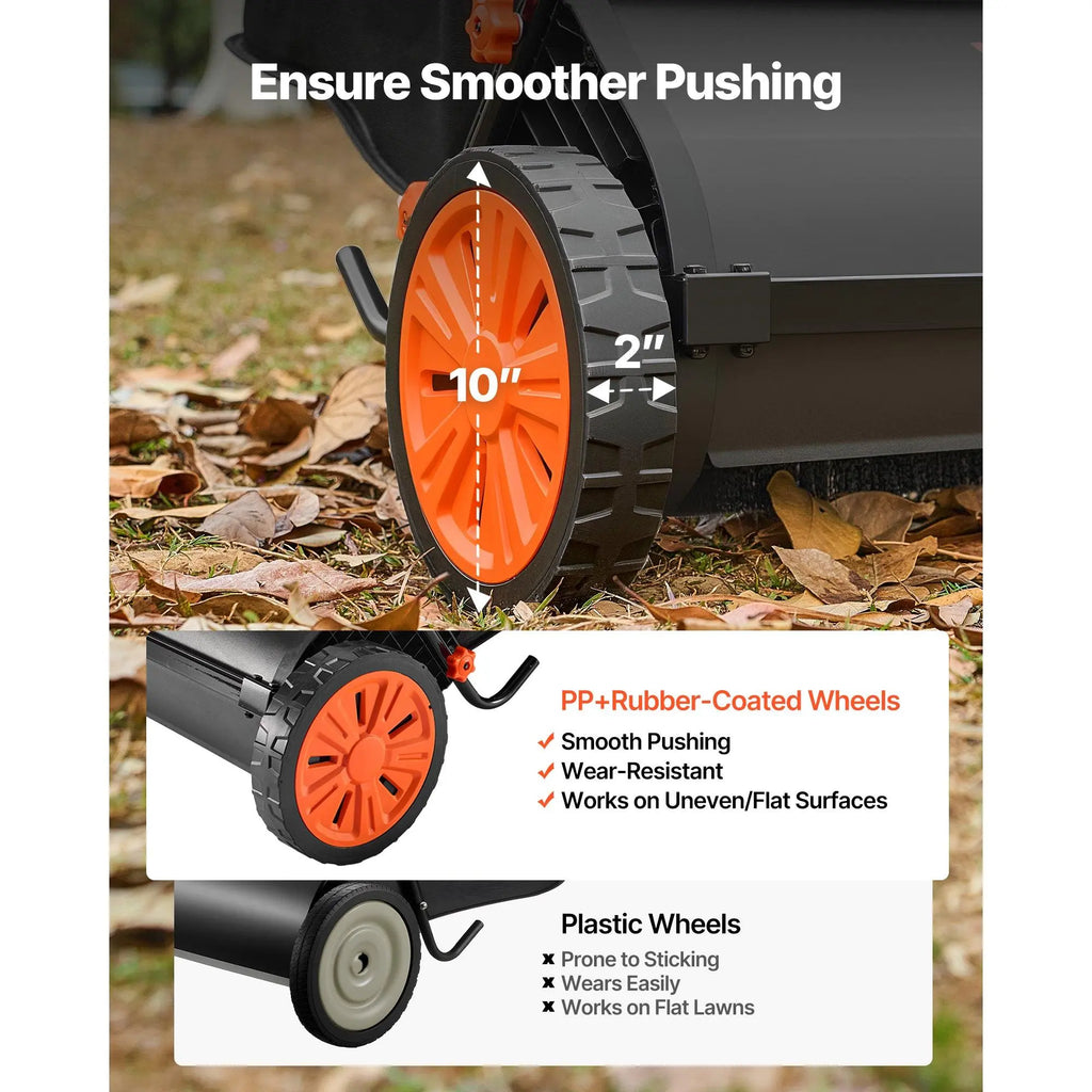 VEVOR Manual Push Lawn Sweeper with Spinning Brushes, 26-In Leaves Grass Cleanup Tool, 7 Cu Ft Hopper Capacity, Adjustable Height, 1:5 Brush Wheel Ratio, Heavy-Duty Iron Frame, 10-In Rubber Wheels, 31.5X50X16.9 In, 27.6 Lbs