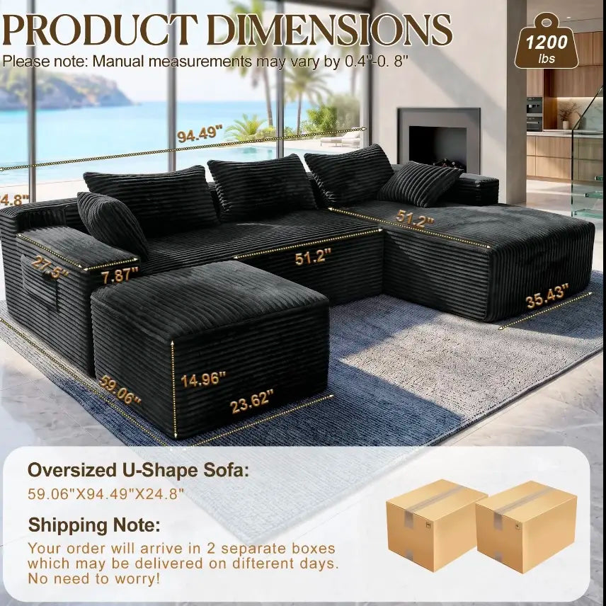 Luxury Black Corduroy Modular Sectional Sofa, U-Shaped Cloud Couch with Deep Seat, Modern Large Living Room Sofa Set, Oversized Comfy Lounge Couch with Removable Cushions, Contemporary Velvet Fabric Furniture for Apartment, Villa and Home Decor