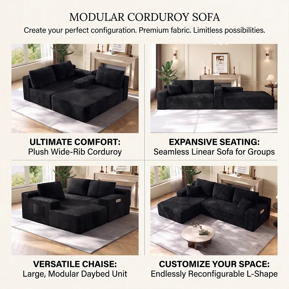 96-Inch L-Shaped Modular Corduroy Sofa with Chaise, Moderate Deep Seat, Vacuum-Packed, No-Assembly Indoor Furniture for Apartments & Condos