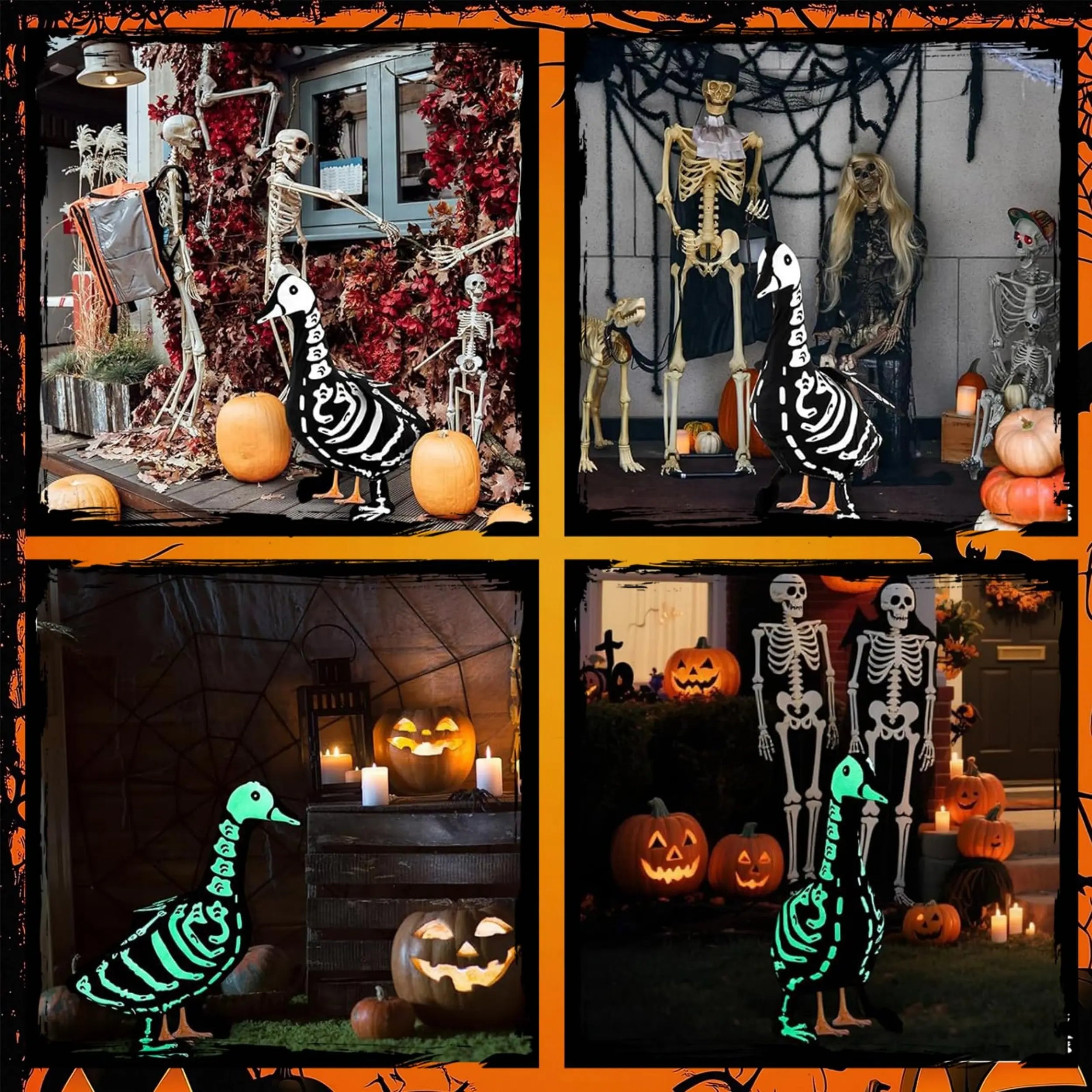 23-In Cement Goose Statue with Halloween Glow-In-The-Dark Skull Outfit, Halloween Aesthetic Costume Accessory, Weatherproof Outdoor Patio Fall Holiday Decoration, Specialty DIY Supply, Goose Skeleton Element