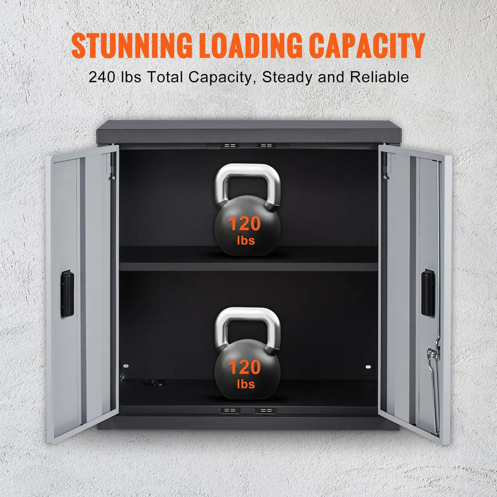 【Back to School】Vevor Foldable Wall-Mount Metal Garage Cabinet Furniture, 26" Heavy-Duty Tool Chest with 240 LBS Capacity, Adjustable Shelf, Magnetic Doors, Steel Board, Pre-Drilled Holes Simplify Wiring - Ideal for Garage, Home Use