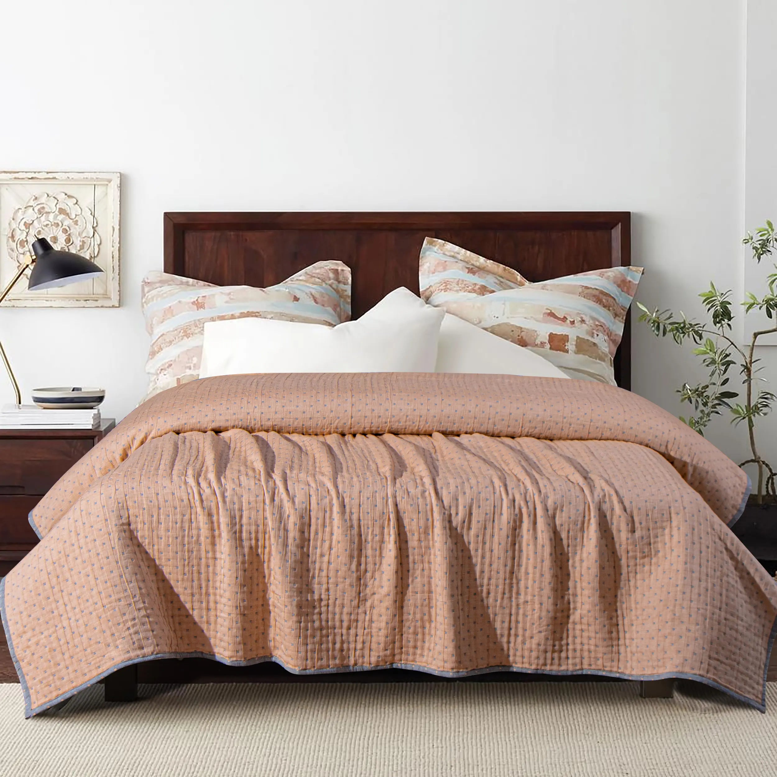 Bedsum 3-Layer Natural Cotton Muslin Jacquard Blanket - Cozy Aesthetic, Ultra Soft, Breathable, Reversible, Lightweight, Multi-Size for Adults, All-Season Warm Comfort, Bedroom Decor Throw