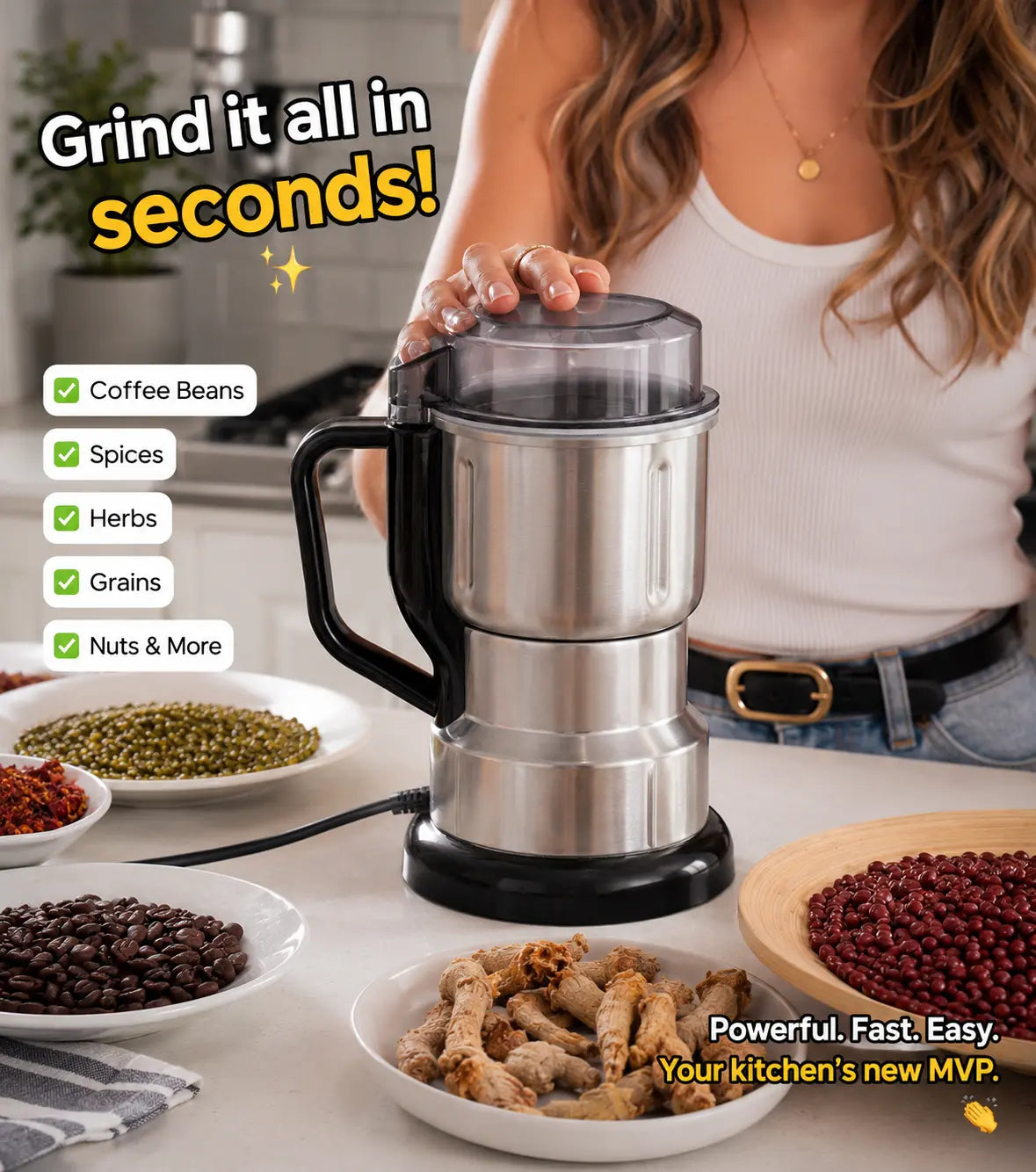 Springtok 300W Electric Coffee Grinder, Stainless Steel Blade Mill for Coffee Beans, Spices & Nuts, Powerful Kitchen Grinding Tool