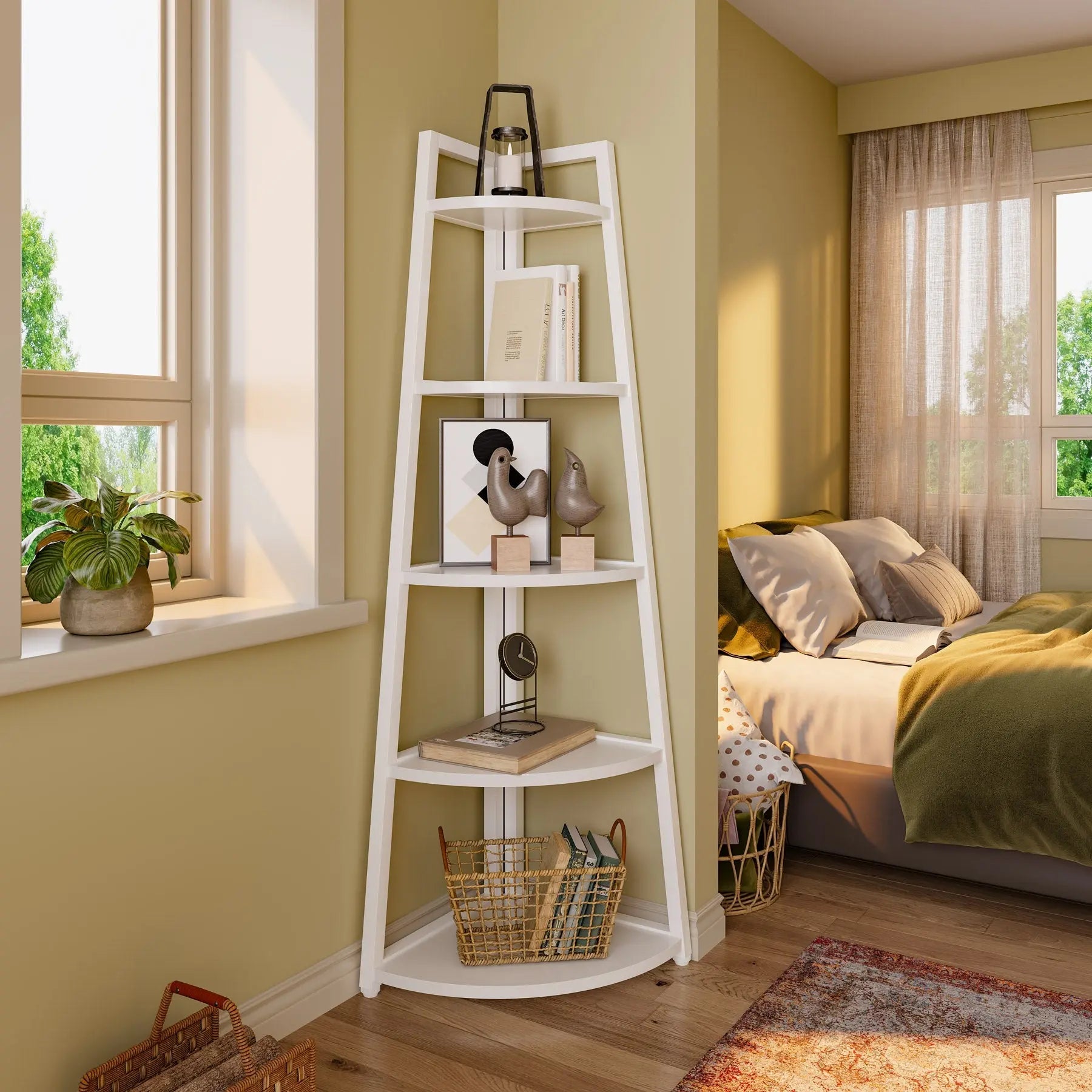 Spaco 70-In Tall 5-Tier Rustic Industrial Corner Bookshelf Rack - Single Unit Space Saving Furniture with Rounded Edges, 25Kg+ Capacity, Multi-Purpose Organizer for Living Room, Home Office, Balcony (Plant Stand, Collectibles Display)